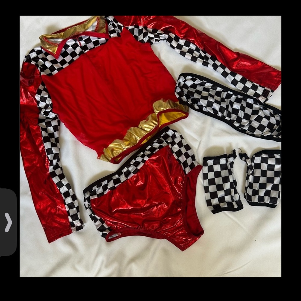 Sexy Adult women Red and Gold Racing Flagger Halloween Costume 5 piece set.